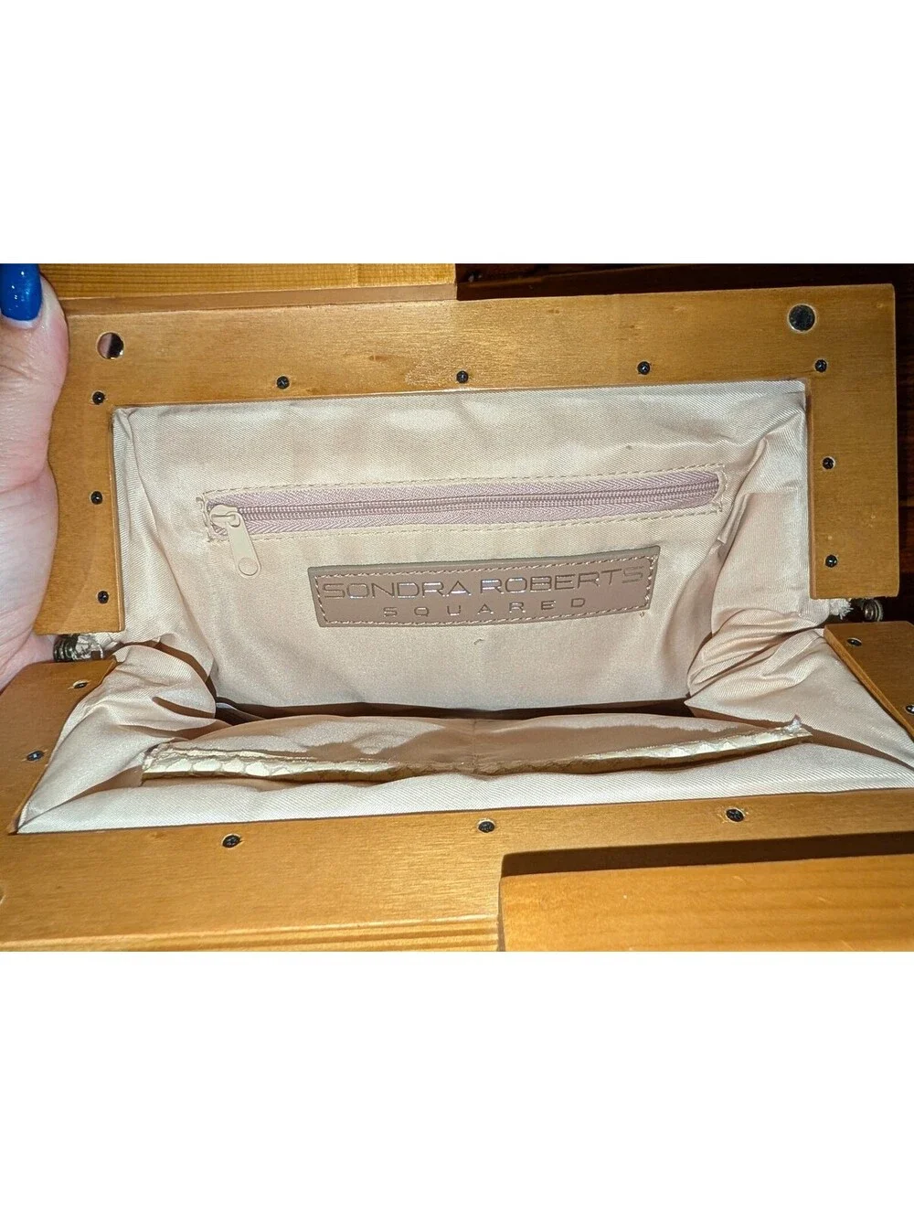Sondra Roberts Beige Mesh Clutch with Wooden Frame